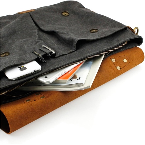 NEW Genuine Leather Canvas Messenger Bag - Picture 13 of 16